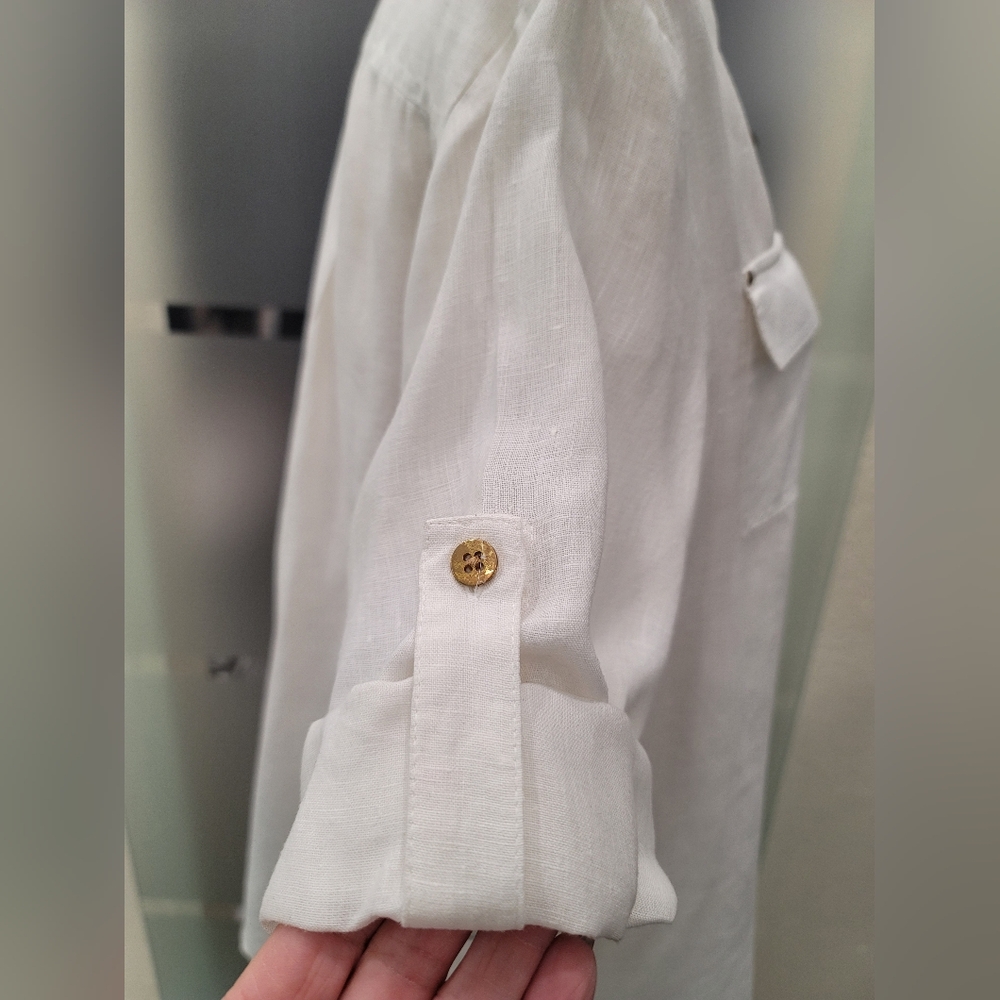 Ellen Tracy 100% White Linen Zip-Front Rolled-Sleeve Tunic Blouse size L - Picture 5 of 12